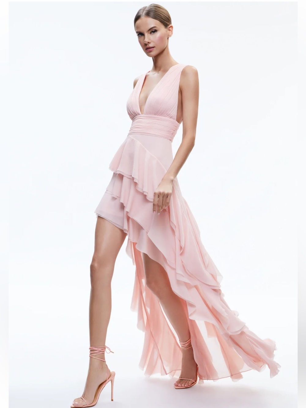 Alice + Olivia Holly Blush Pink V-Neck Asymmetrical High-Low Maxi Dress Ruffle